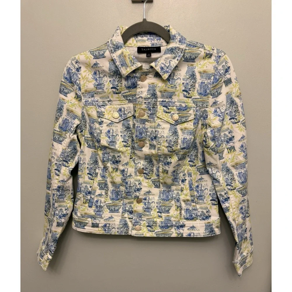 Talbots Printed Jean Jacket XS Blue Green Watercolor Vases Button Front Parisian
